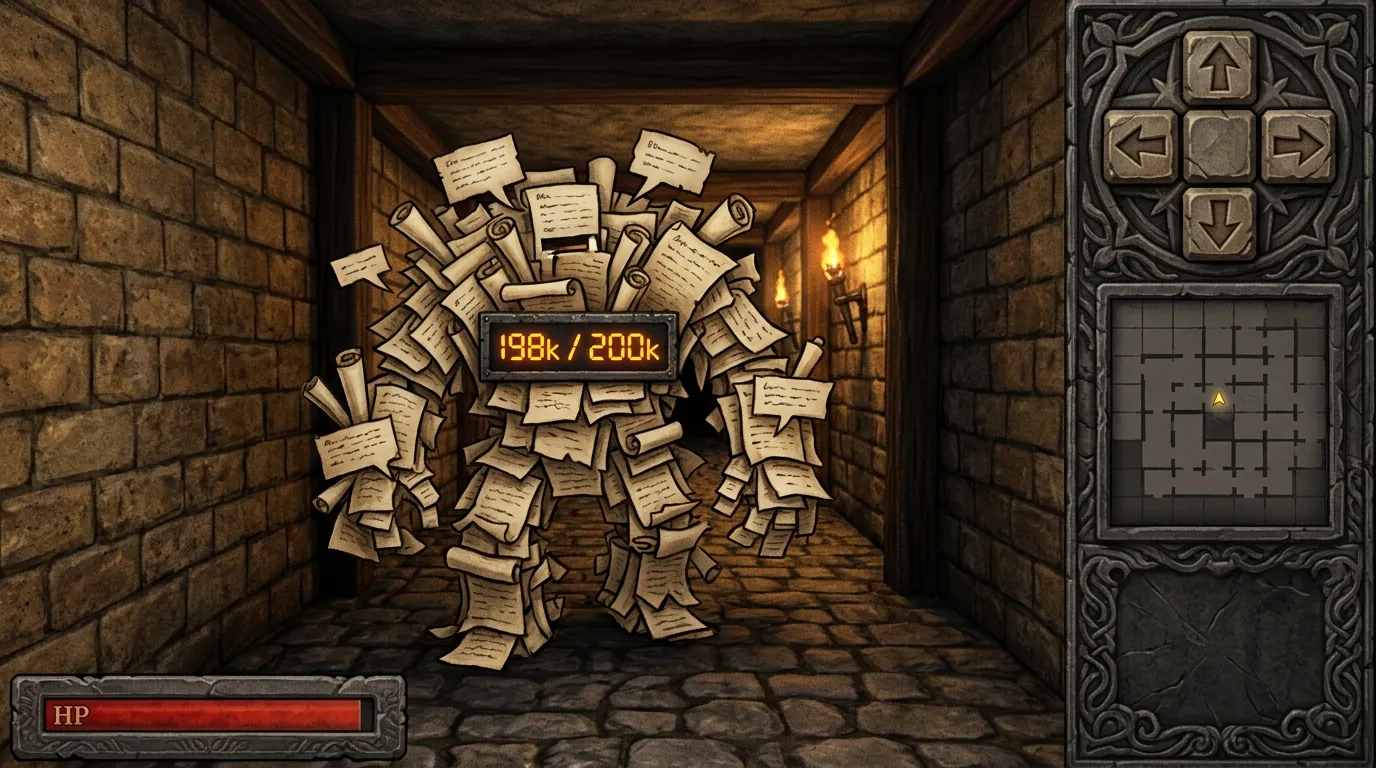 A first-person dungeon corridor; a golem made of scrolls blocks the way, its chest counter reads 198k of 200k.